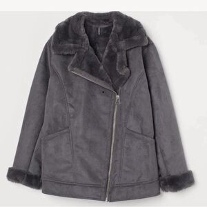 H&M  Motto Shearling- Dark Gray Faux fur-collar coat Size - Small -